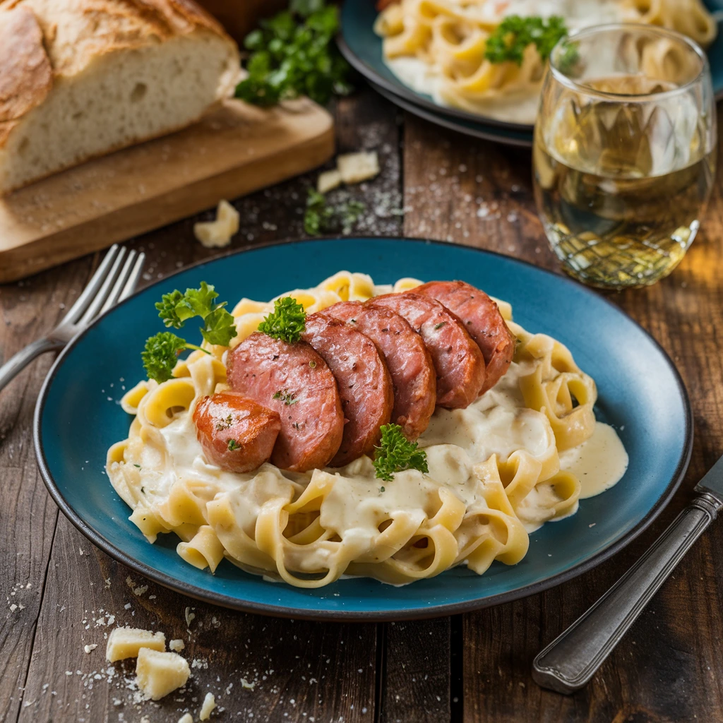 A plate of bratwurst and fettuccine pasta in creamy Alfredo sauce garnished with parsley.