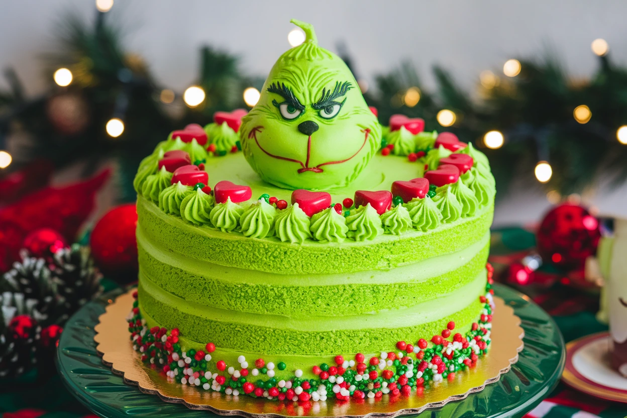 A Grinch Cake with green frosting, red heart candies, and festive sprinkles on a holiday-themed table.