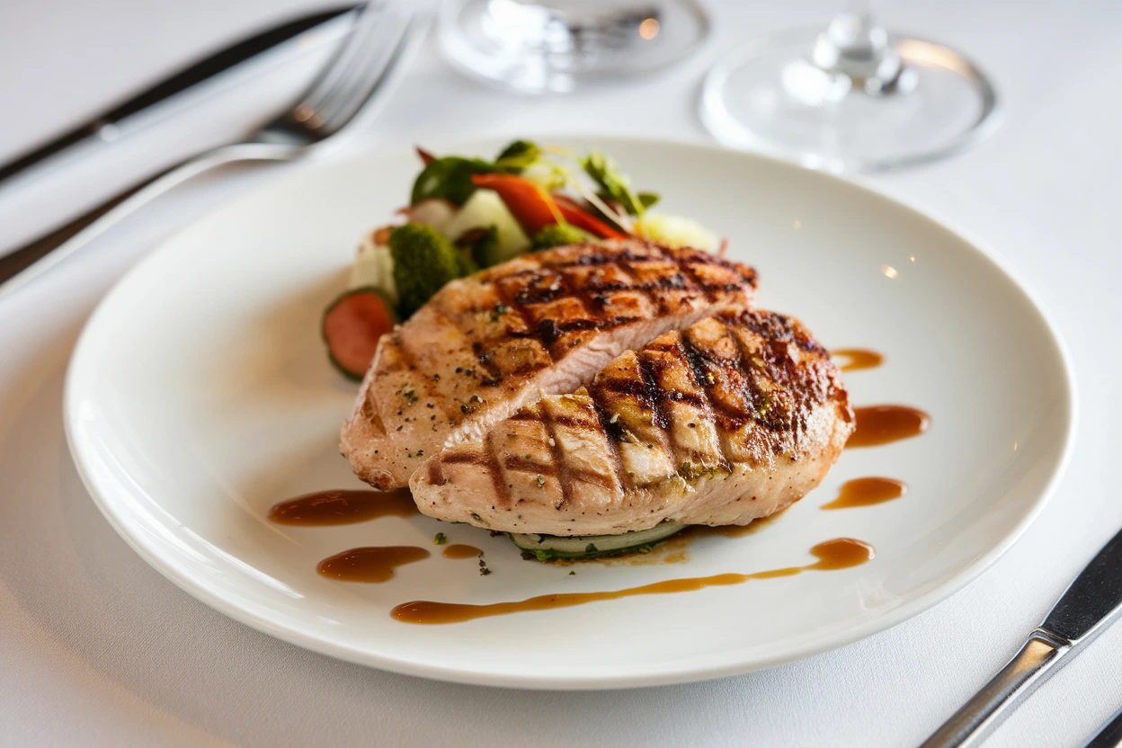 A grilled chicken breast served with mixed vegetables and sauce on a white plate.