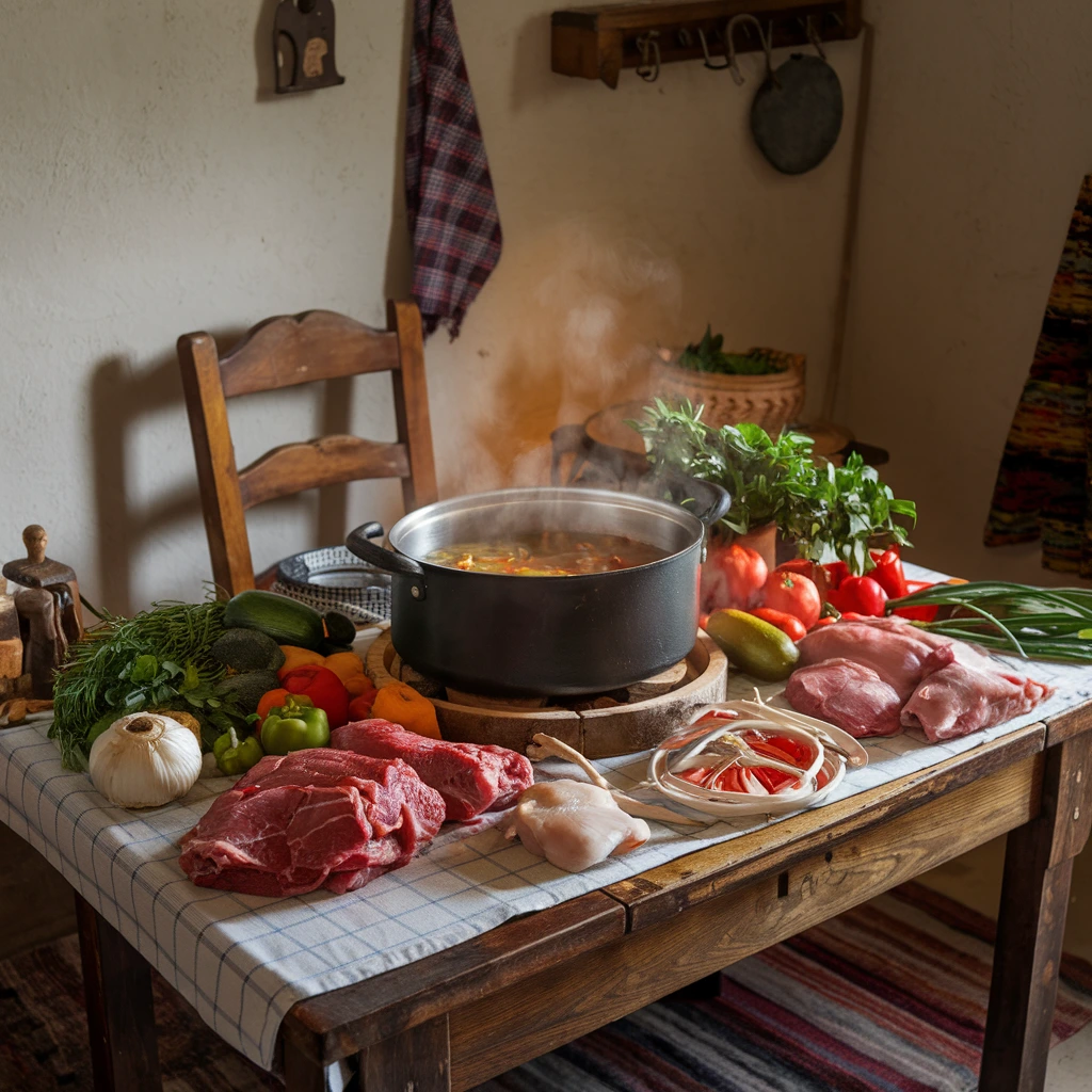 A rustic kitchen setting with a steaming pot of soup, surrounded by fresh vegetables, herbs, and various soup bones.