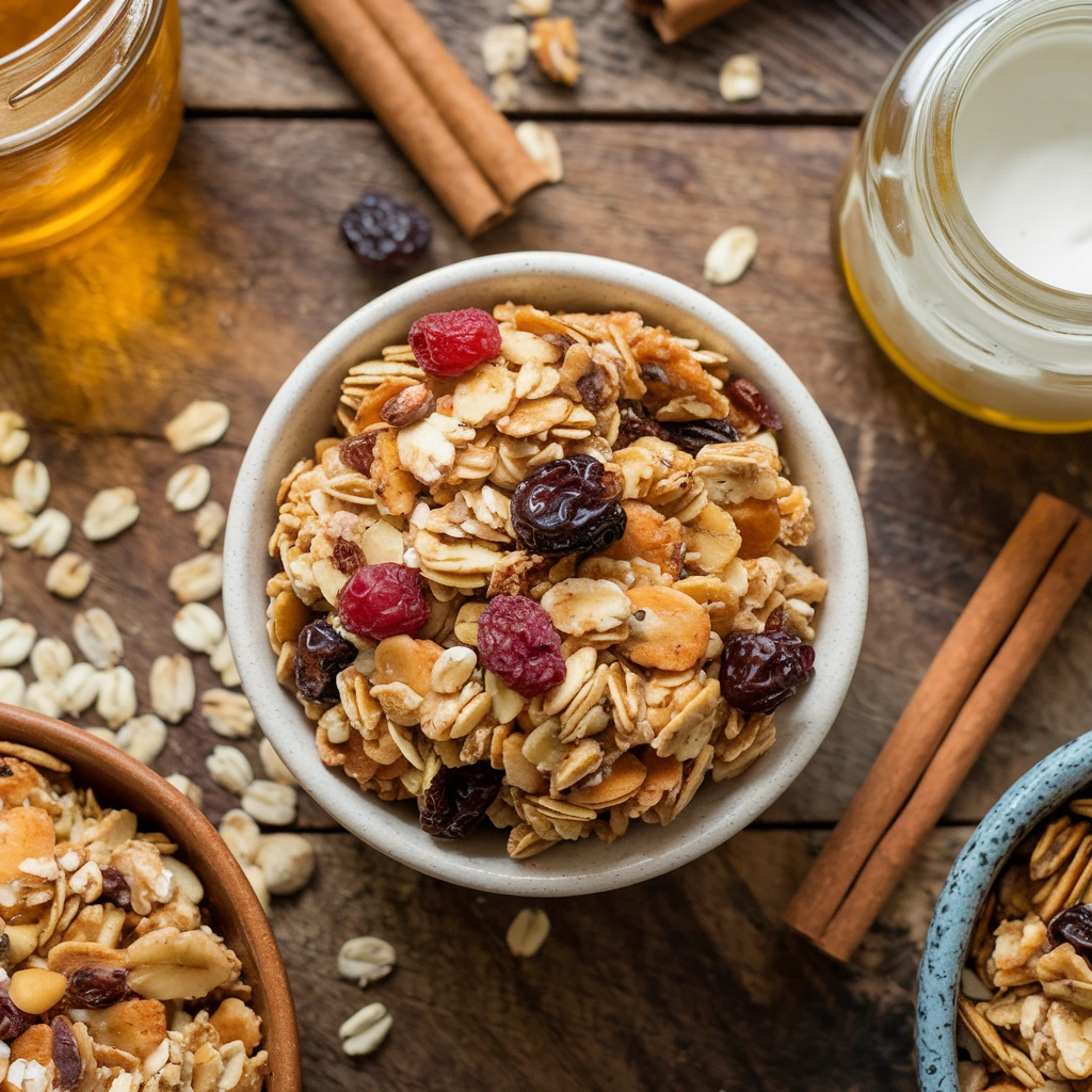 Overhead view of a bowl of golden gluten-free granola with dried fruits and nuts on a rustic wooden table.