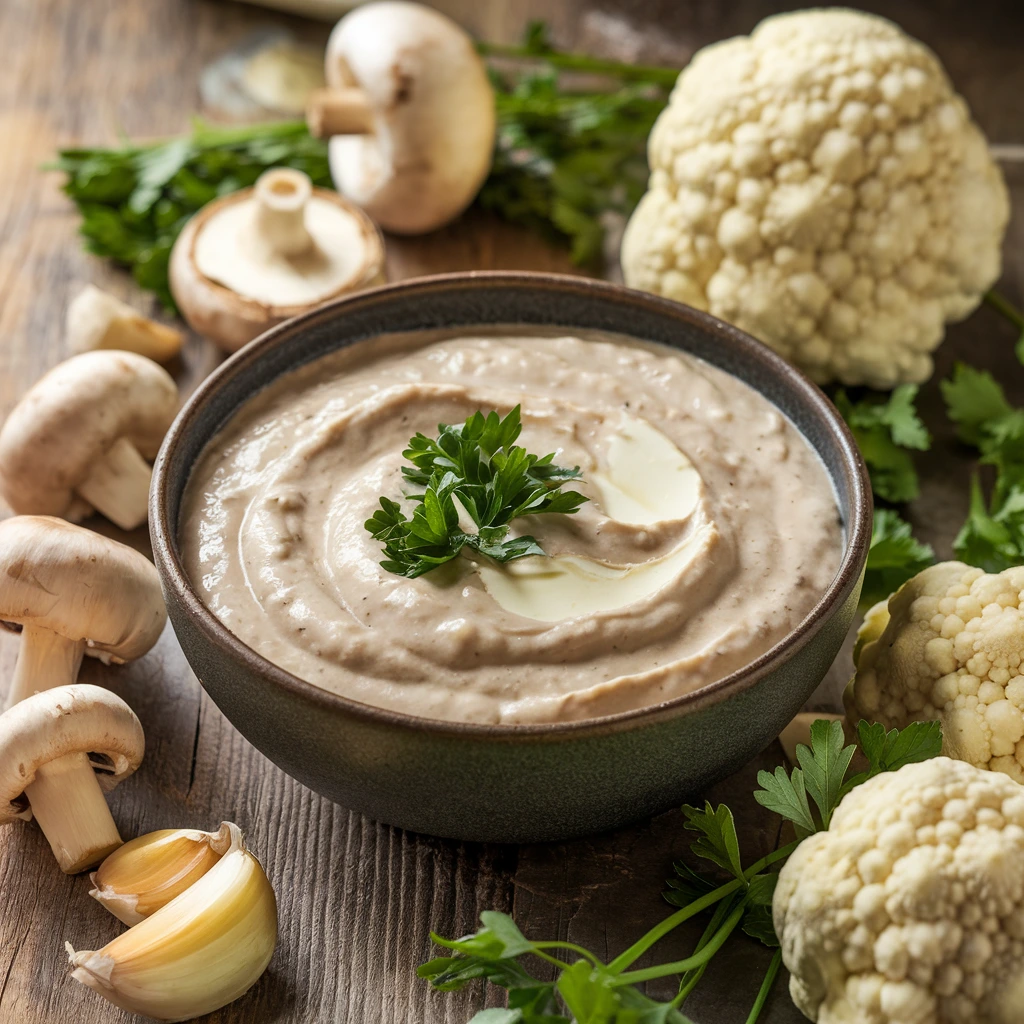 A bowl of creamy cauliflower mushroom soup garnished with parsley and surrounded by fresh ingredients.