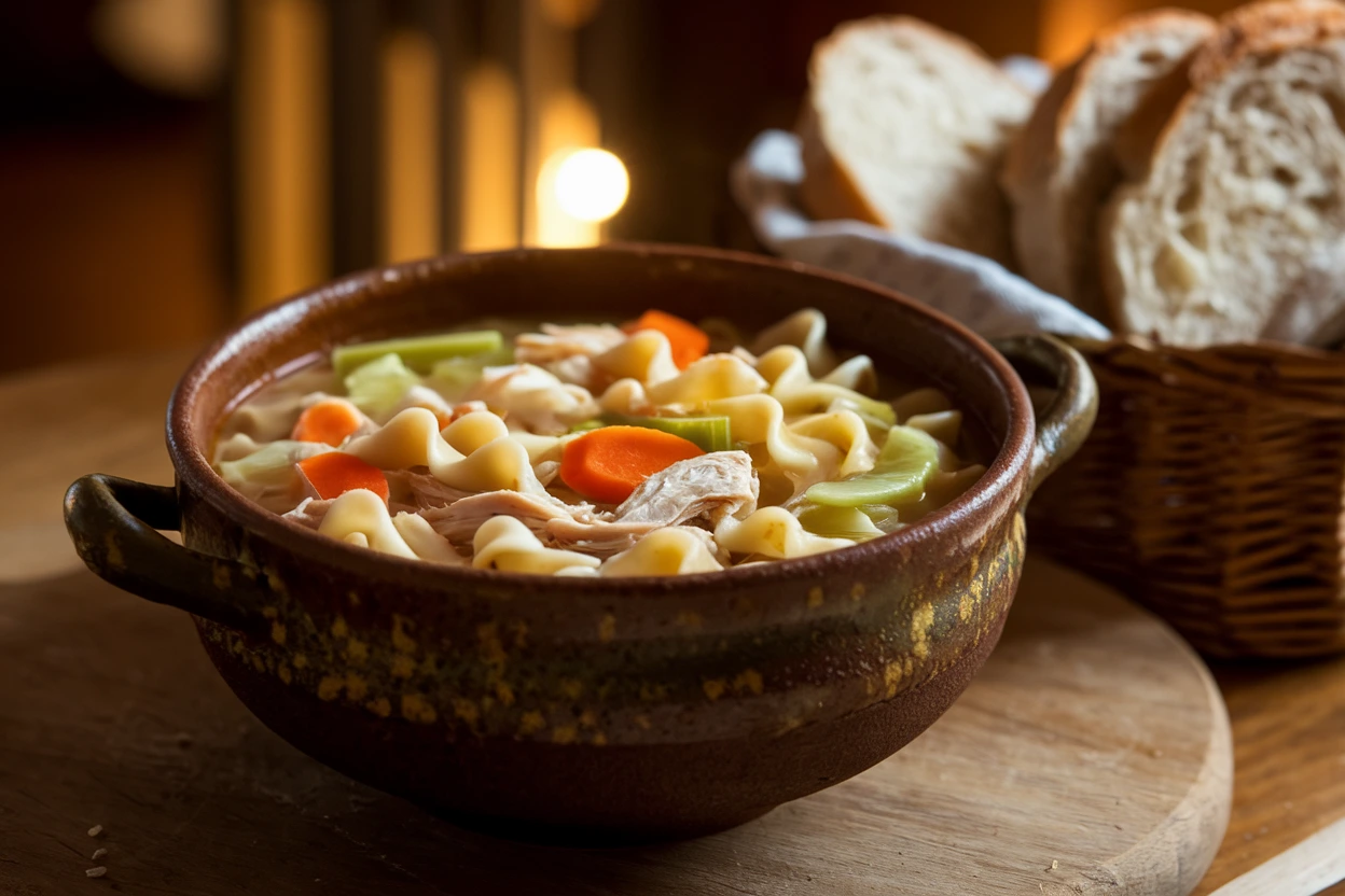 A bowl of Knorr Chicken Noodle Soup with noodles, chicken, and vegetables, served in a ceramic bowl.