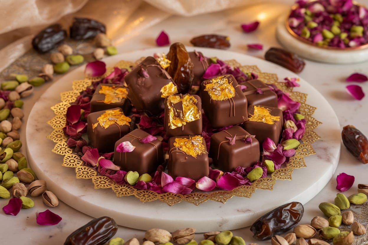 Luxurious Dubai chocolate pieces garnished with edible gold leaf on a marble platter.