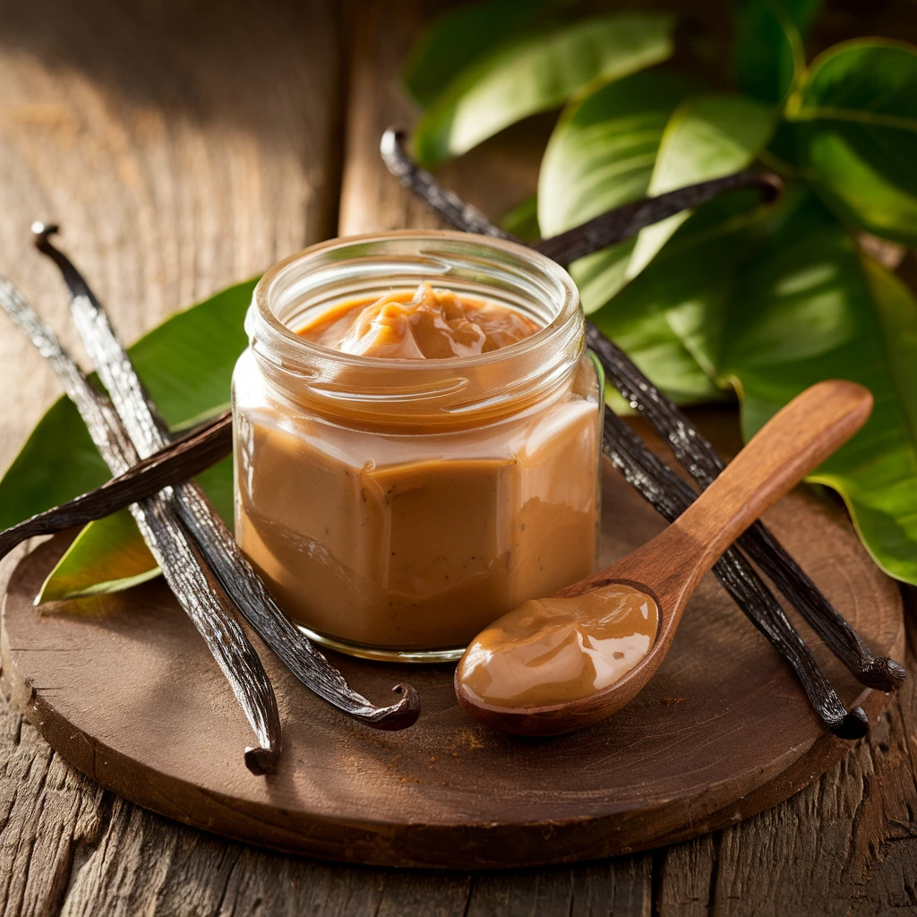 A close-up of vanilla bean paste in a glass jar with visible vanilla seeds, surrounded by fresh vanilla beans and a wooden spoon on a rustic wooden table.