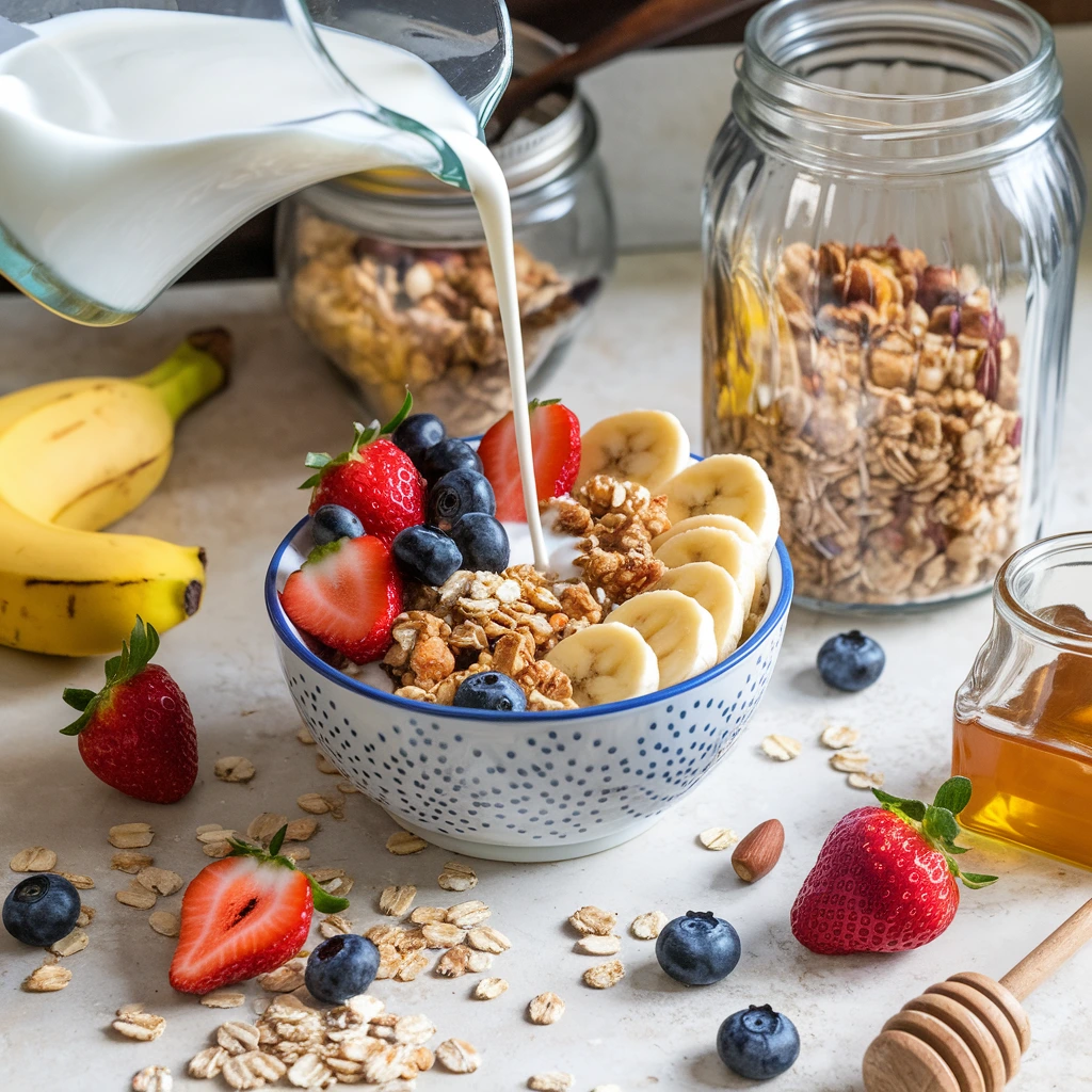 Bowl of low sugar granola with fresh fruits and milk.