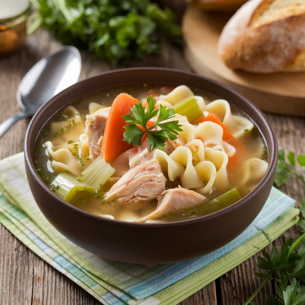 A bowl of low salt chicken noodle soup with chicken, noodles, carrots, celery, and fresh parsley garnish on a rustic table.