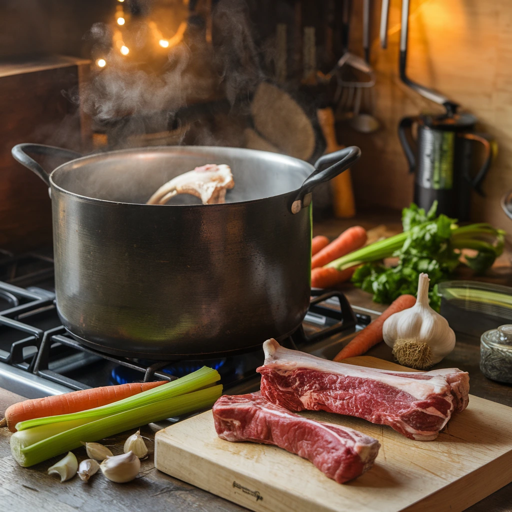 A pot of simmering soup bones with fresh vegetables in a cozy kitchen setting.