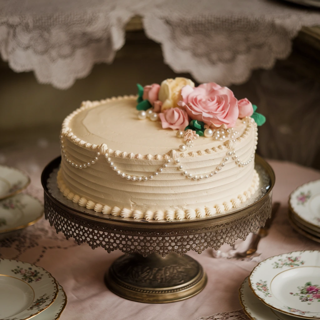 A vintage cake with pastel icing and sugar flowers on an antique cake stand.