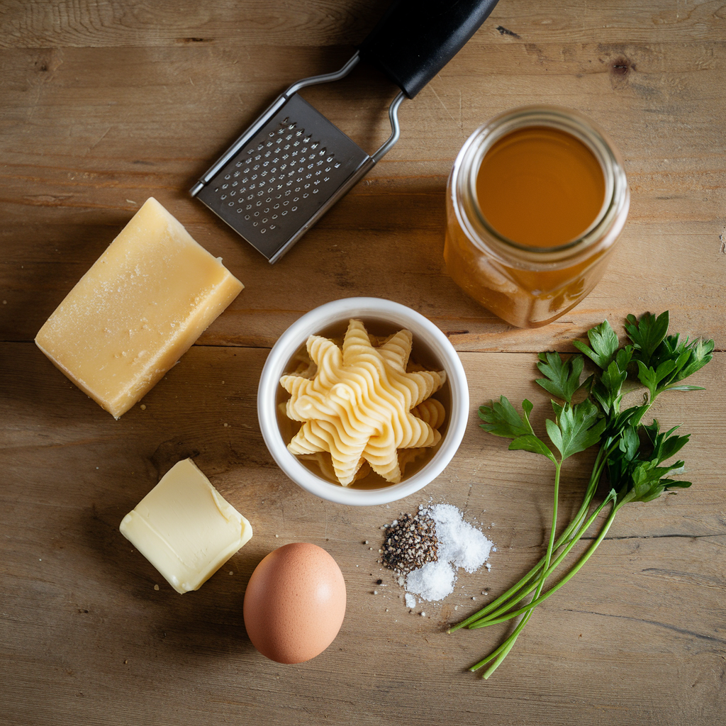 Flat-lay of ingredients for Pastina Soup including pastina pasta, chicken broth, Parmesan cheese, butter, an egg, fresh parsley, salt, and pepper on a rustic wooden surface.