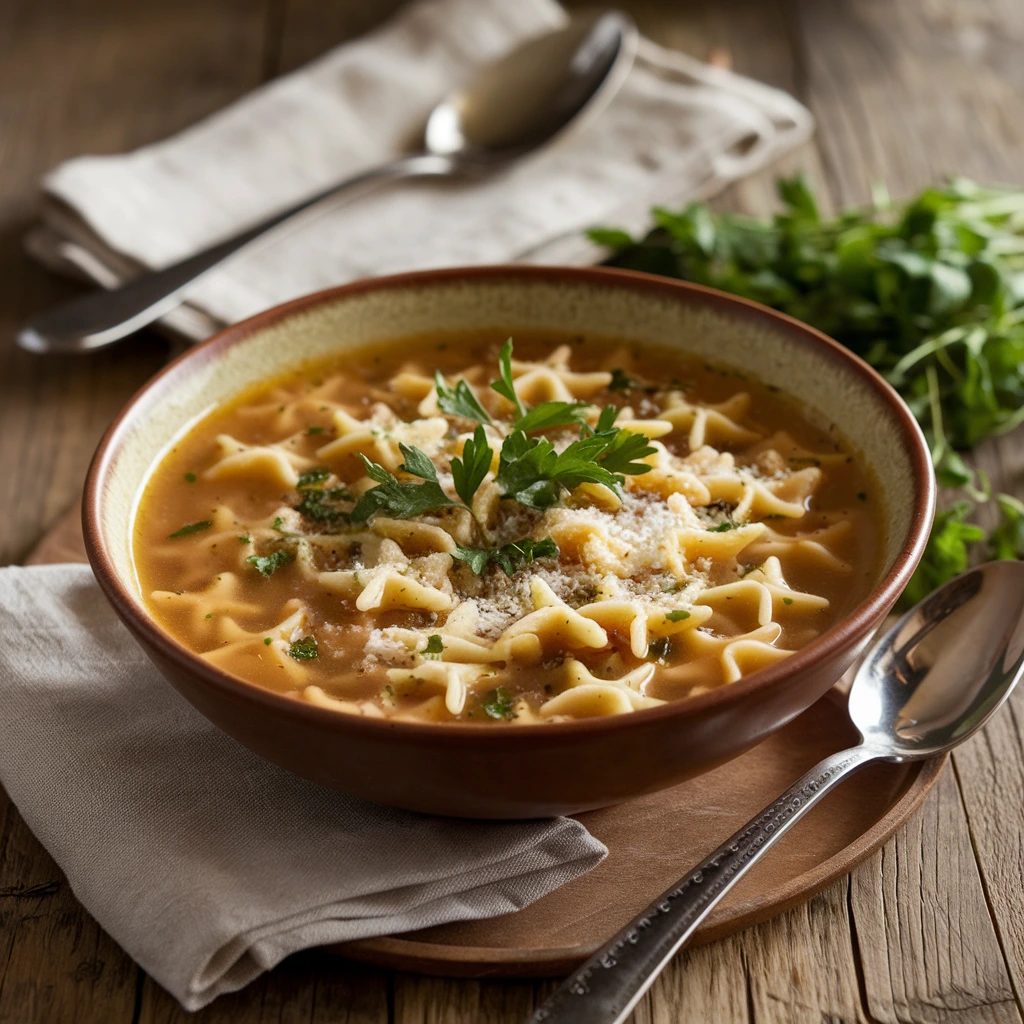 A warm bowl of Pastina Soup with star-shaped pasta in a golden broth, garnished with parsley and grated Parmesan, placed on a wooden table.