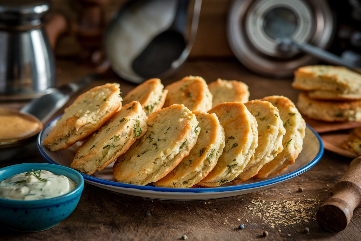 A plate of golden-brown fish biscuits served with tartar sauce on a rustic table.