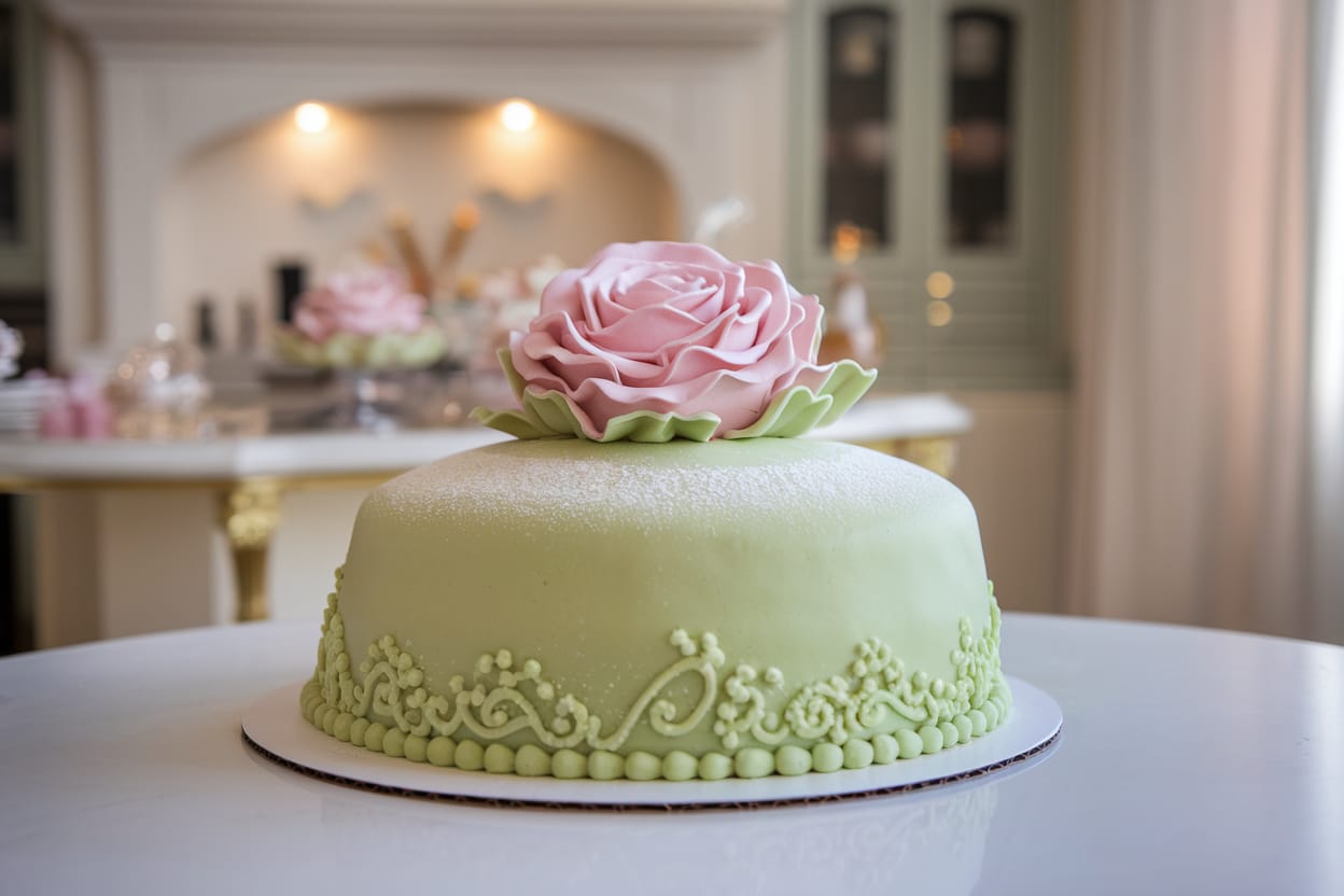 A full Princess Cake covered in green marzipan with a pink rose on top.