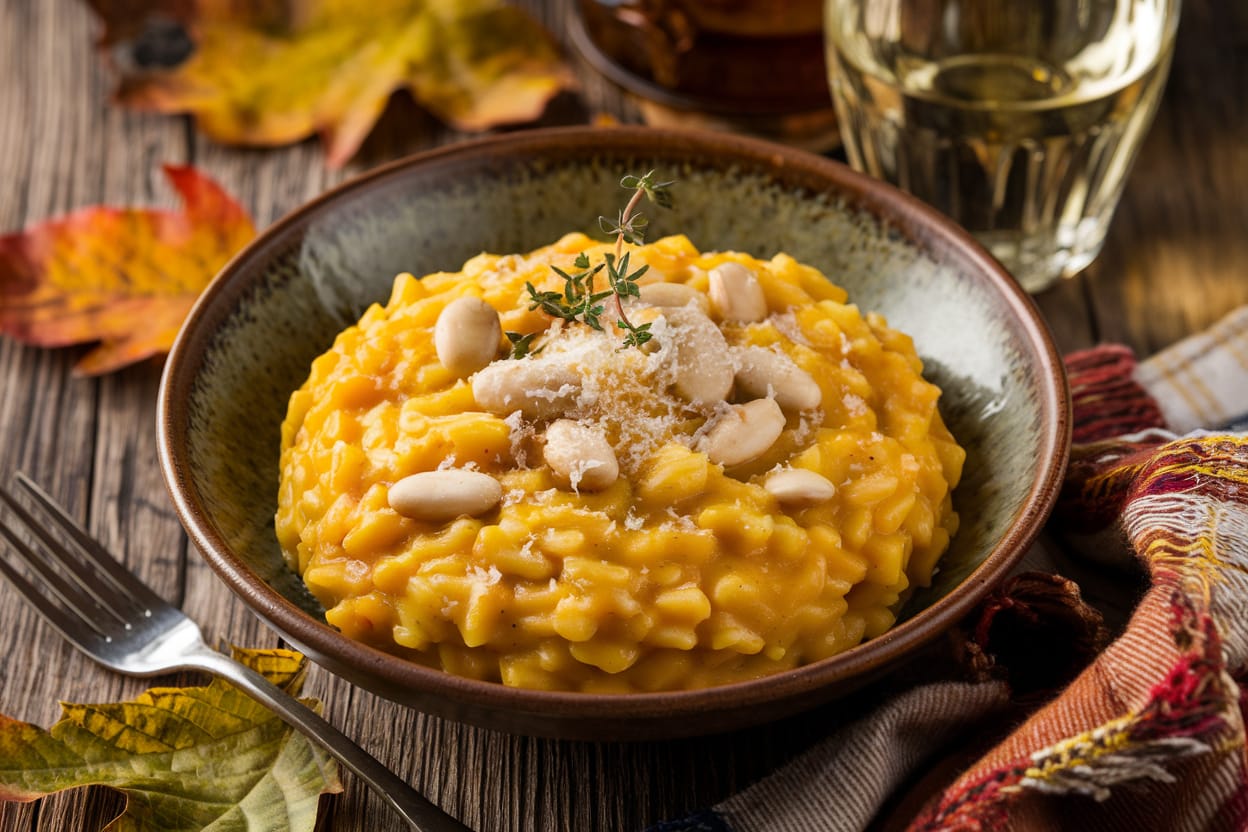 A bowl of creamy pumpkin risotto with beans garnished with thyme and Parmesan cheese.