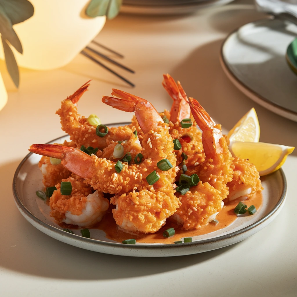 A plate of crispy Boom Boom Shrimp coated in creamy sauce and garnished with green onions and lemon wedges.