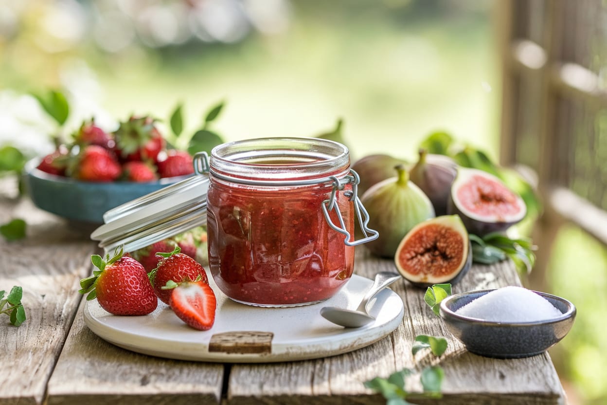 Jar of strawberry fig preserves surrounded by fresh strawberries and figs on a rustic wooden table.