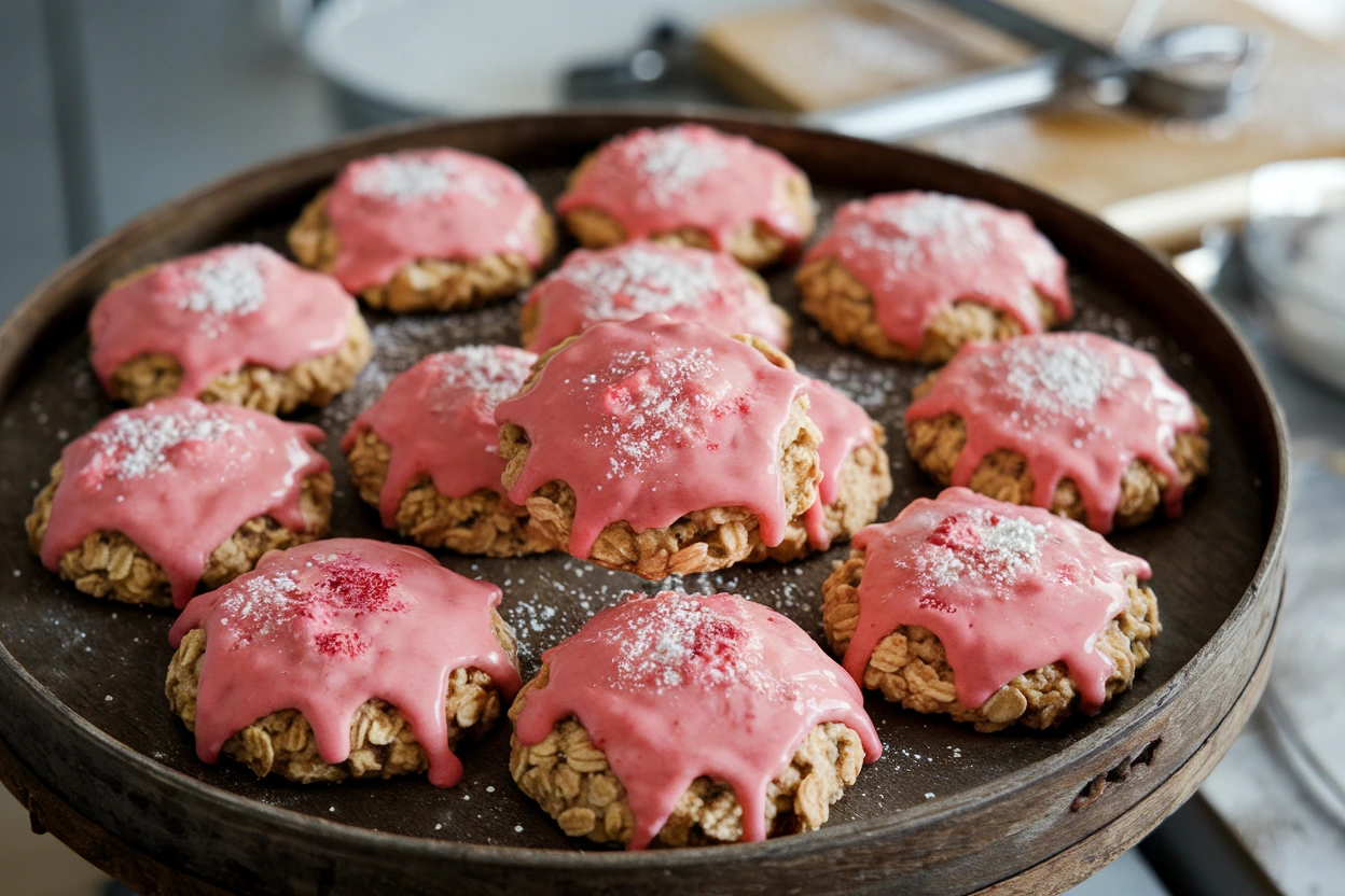 Close-up of freshly baked strawberry iced oatmeal cookies with pink glaze and fresh strawberry slices.