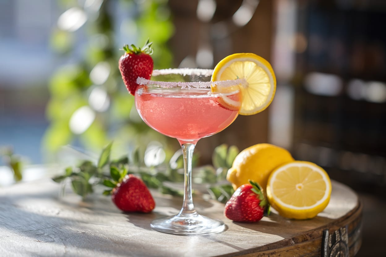 A vibrant Strawberry Lemon Drop cocktail with fresh strawberry and lemon garnish in a sugar-rimmed martini glass.