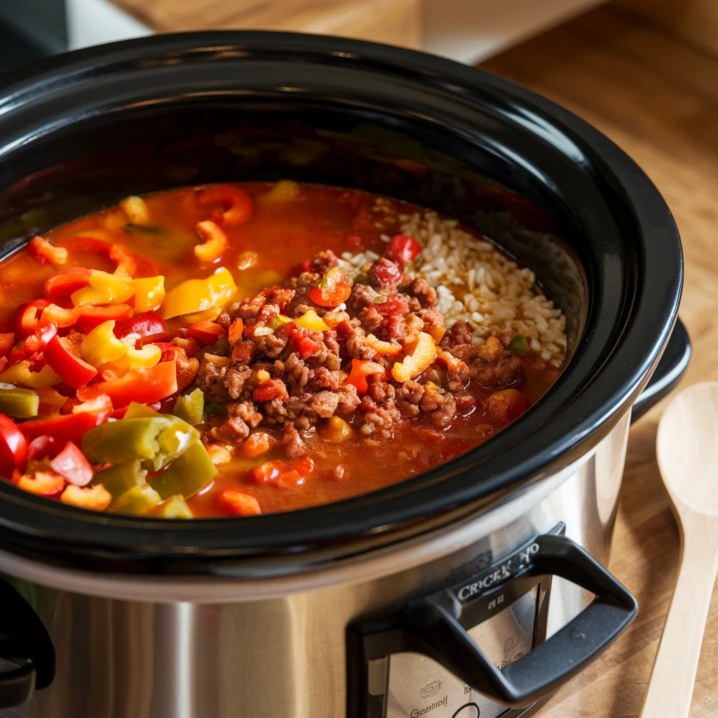 Crock Pot Stuffed Pepper Soup cooking, featuring colorful peppers, ground meat, rice, and tomato broth in a slow cooker.