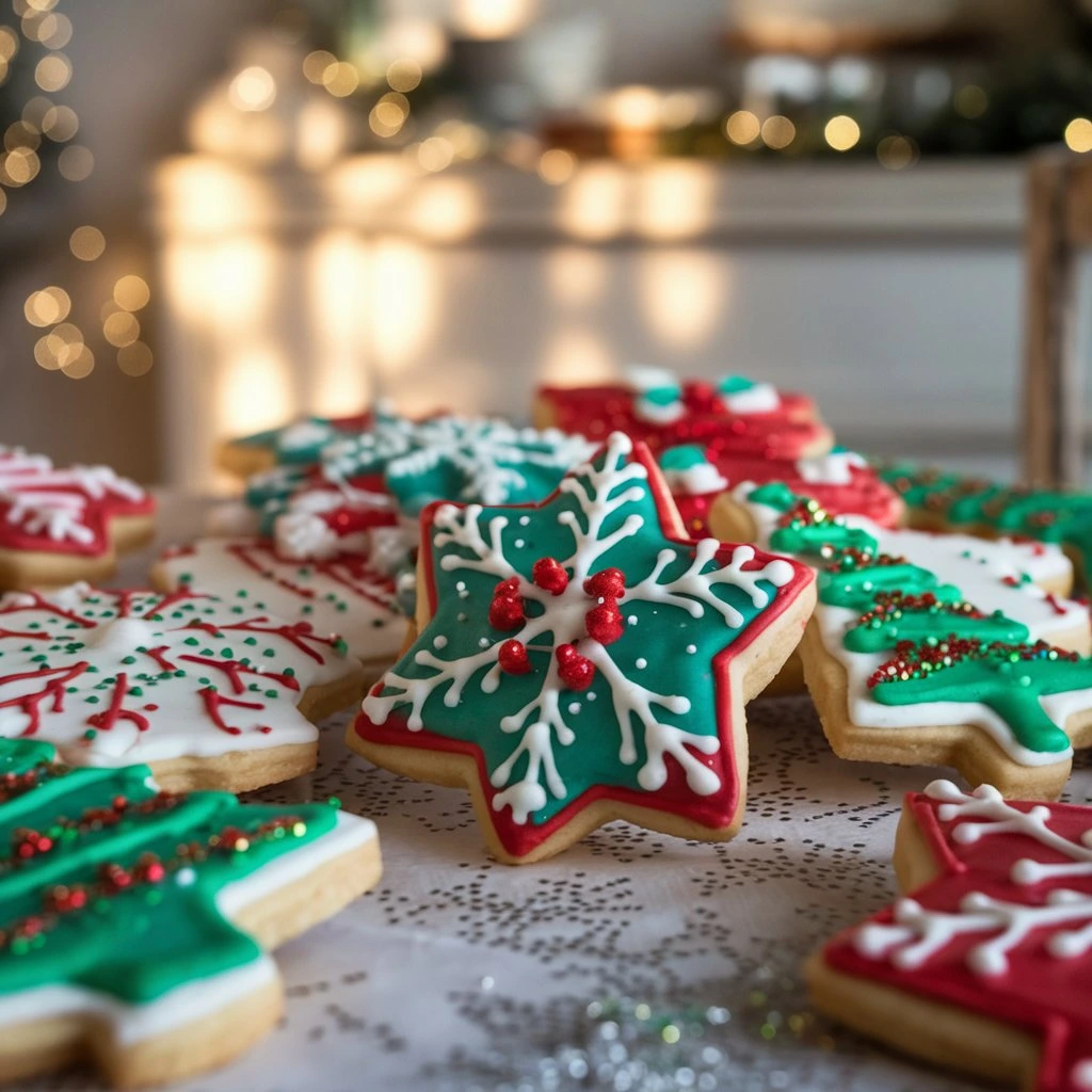 Festive sugar cookies decorated with colorful icing in holiday designs, including stars, snowflakes, and Christmas trees, displayed on a sparkling surface.