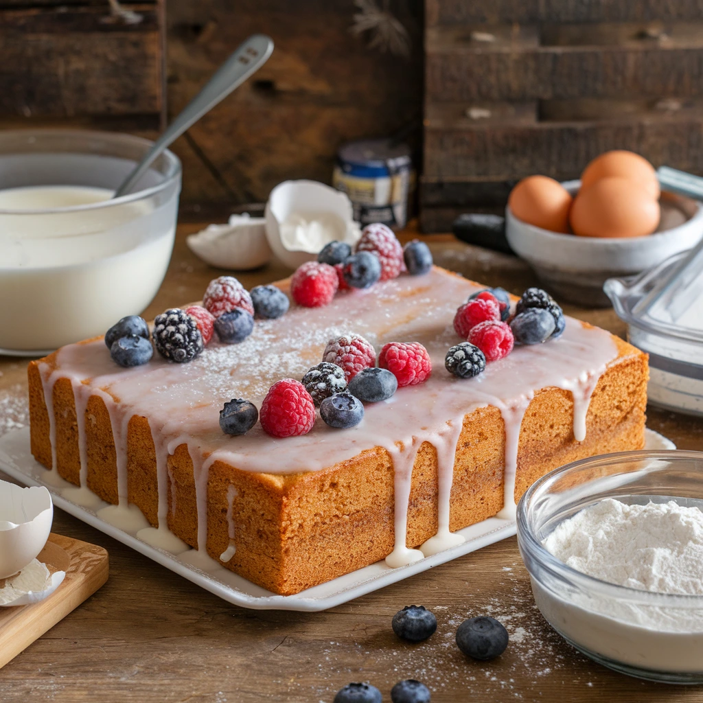 A freshly baked kefir sheet cake with a glaze and fresh berries.