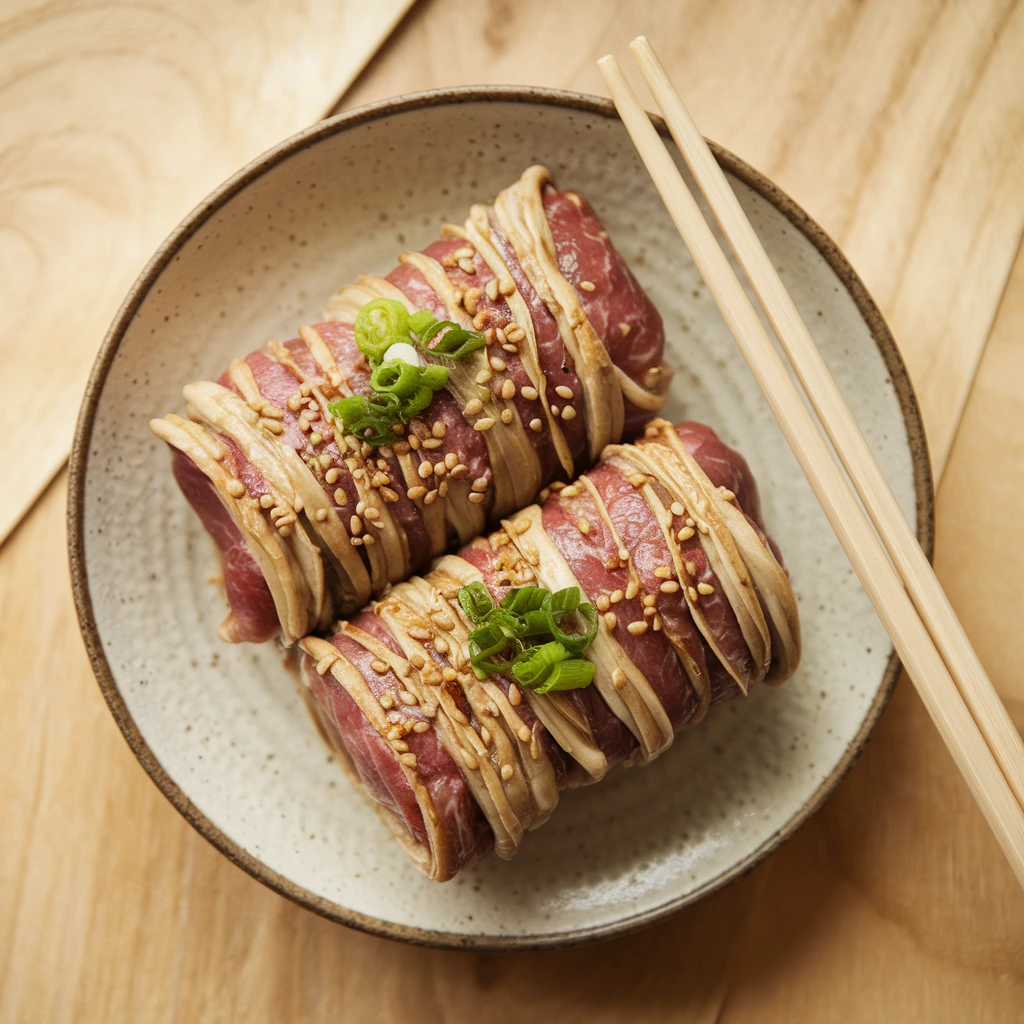 A top-down view of golden-brown enoki beef rolls garnished with sesame seeds and green onions on a rustic ceramic plate.