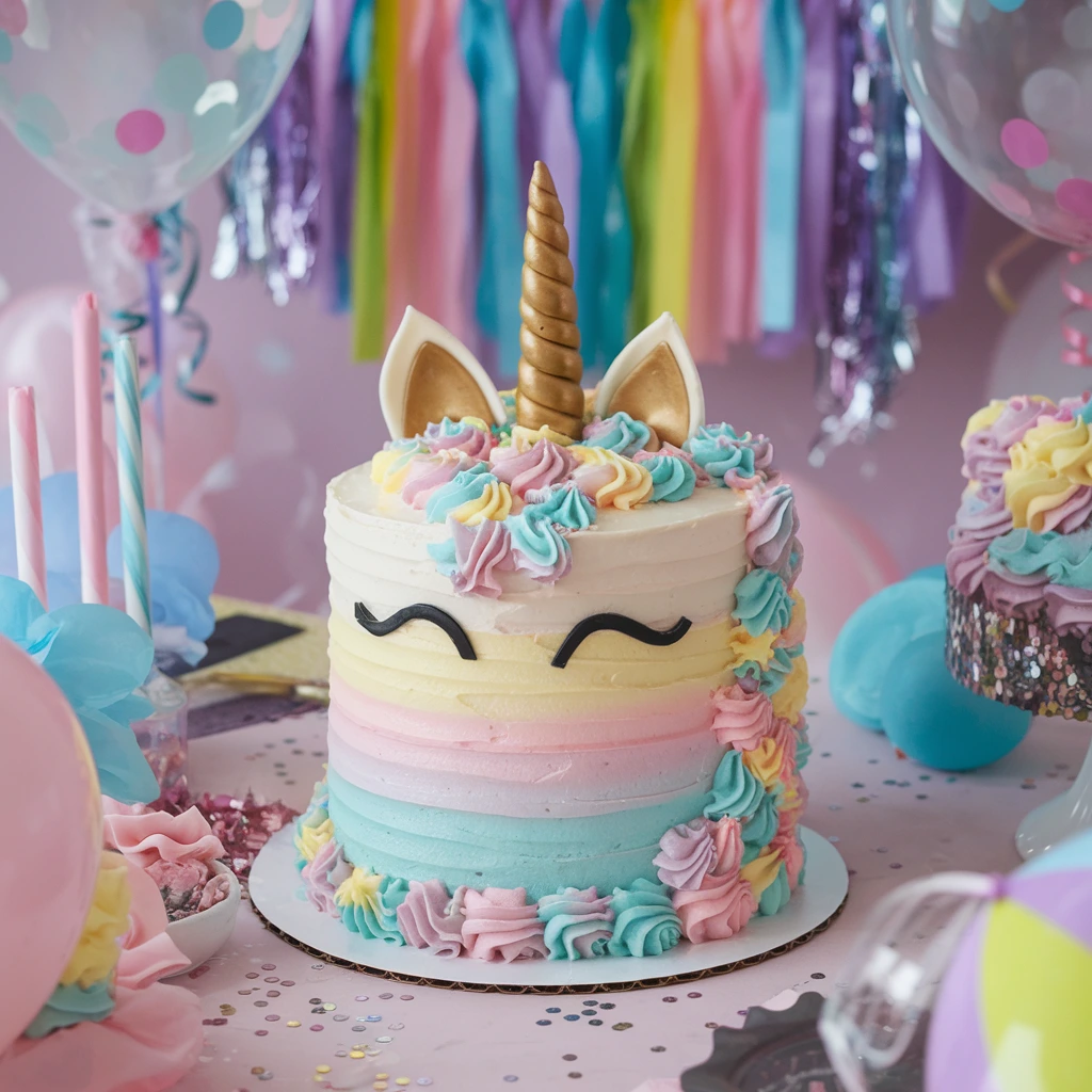 A magical unicorn cake with pastel swirls, a golden horn, and fondant ears, displayed on a decorated party table with balloons and confetti.