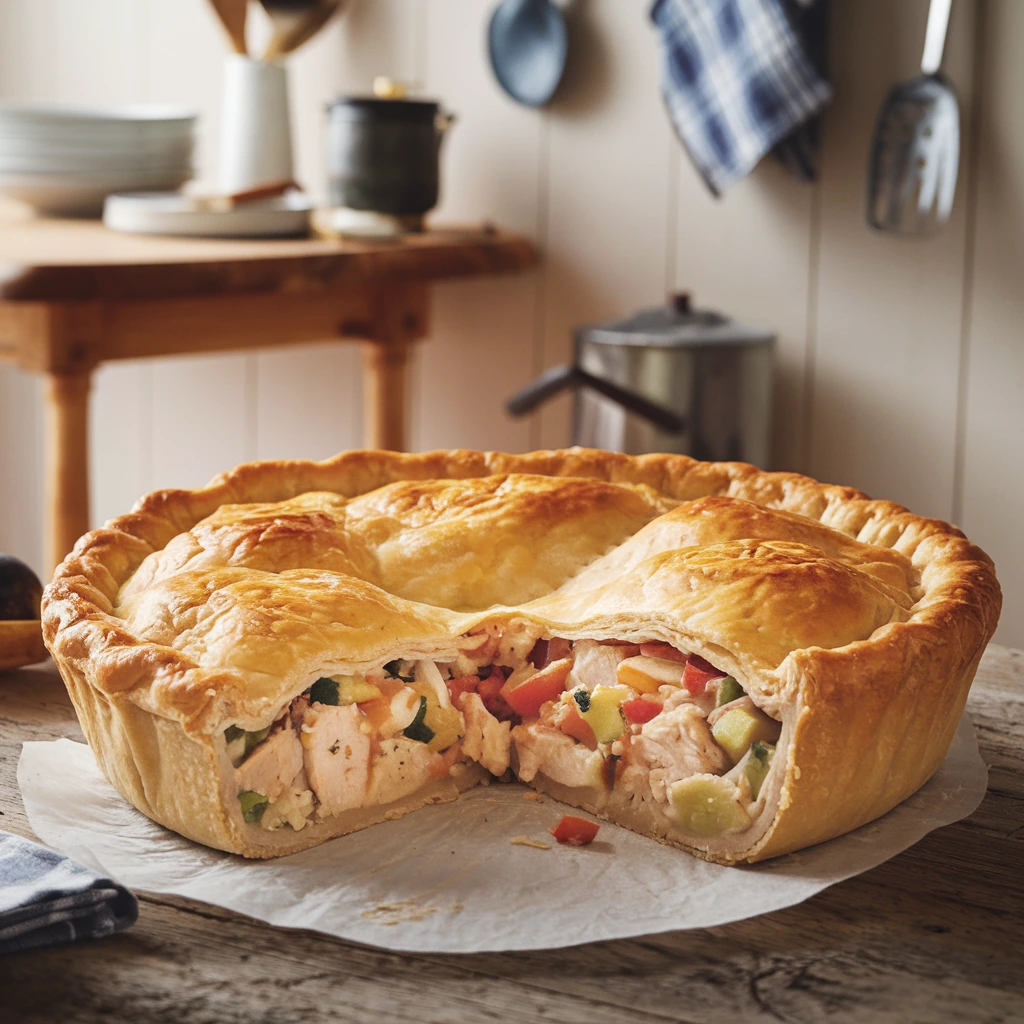 A golden, flaky Pillsbury Chicken Pot Pie fresh out of the oven with steam rising from the filling.