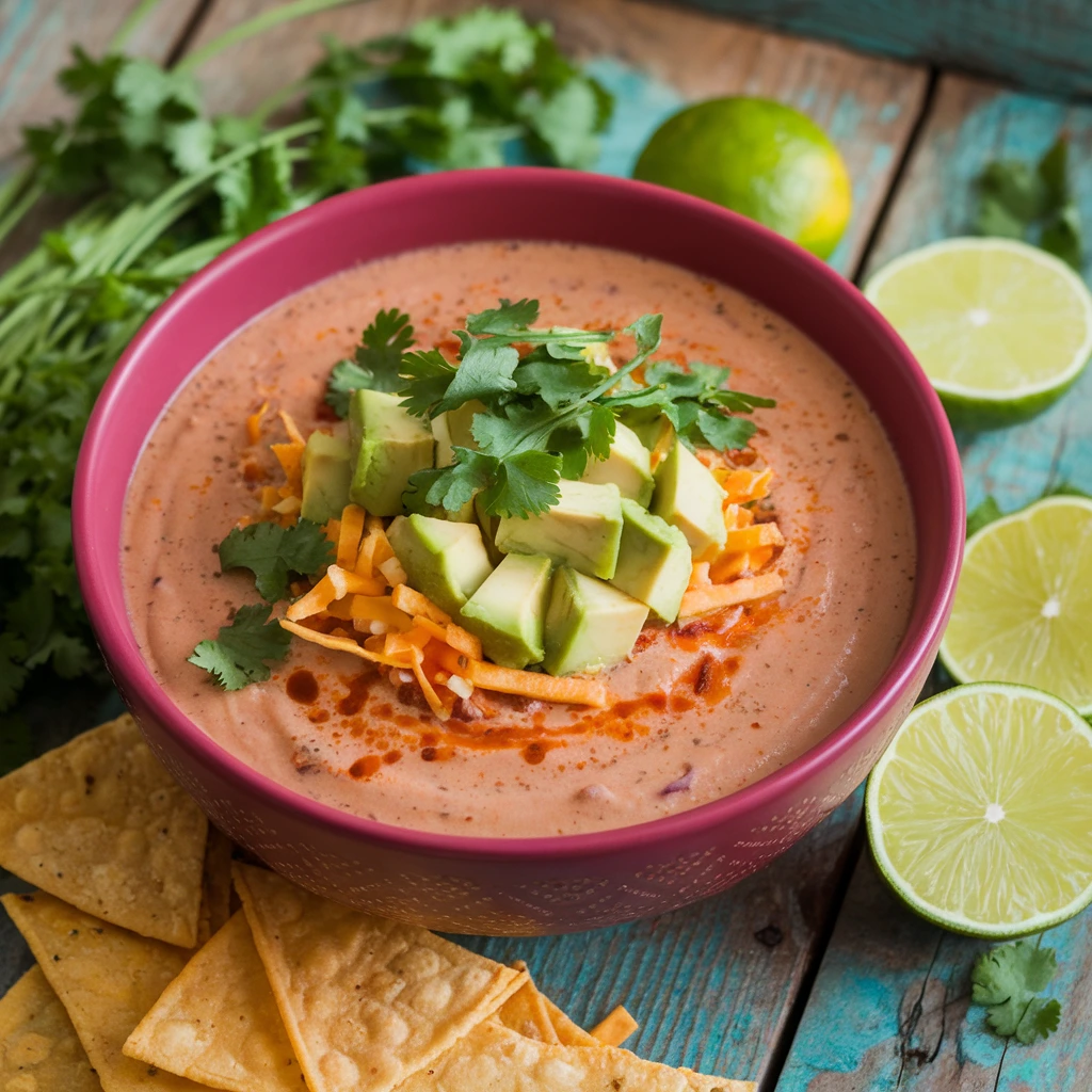 A bowl of chilled taco soup garnished with cilantro, cheese, avocado, and tortilla strips on a rustic table.