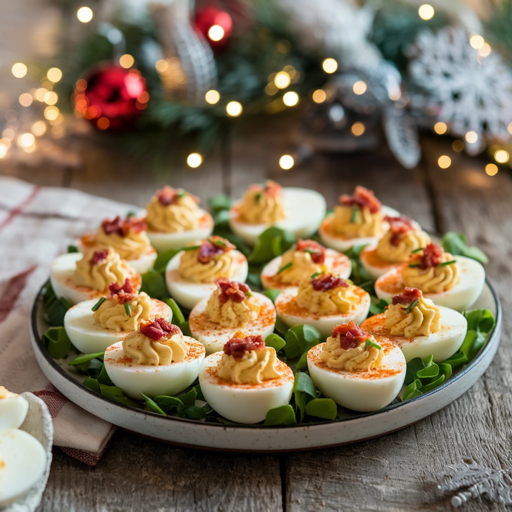 A colorful platter of deviled eggs garnished with paprika, chives, and bacon bits, perfect for a party appetizer.