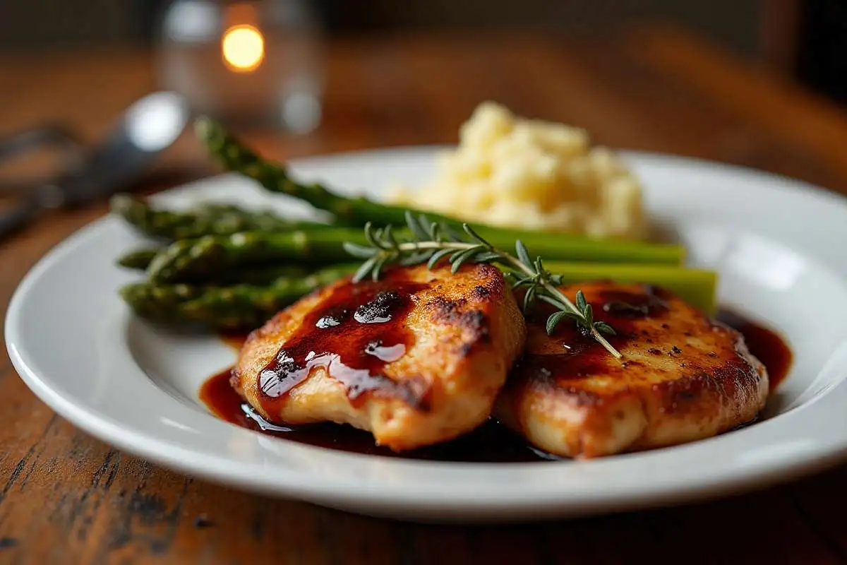 Golden-brown Balsamic Chicken breasts drizzled with balsamic glaze, served with roasted asparagus and mashed potatoes on a rustic wooden table.