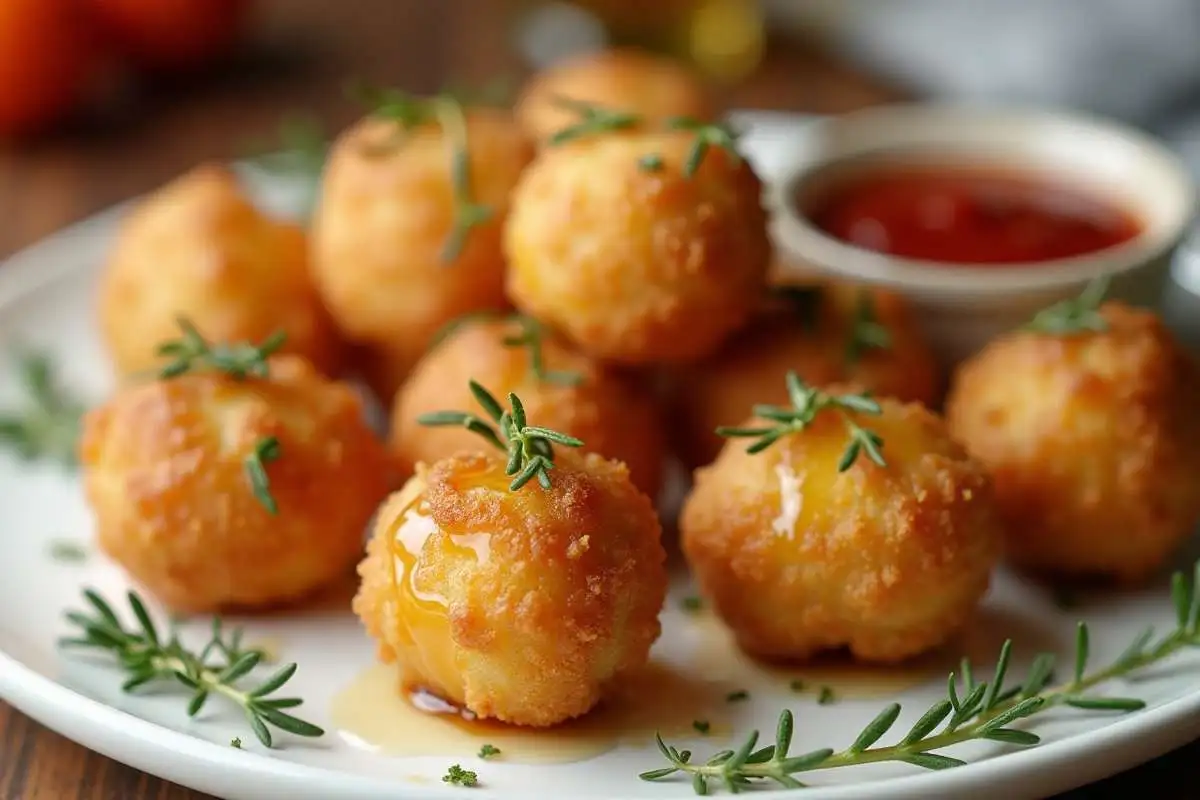 Golden, crispy air-fried honey goat cheese balls drizzled with honey and garnished with thyme.