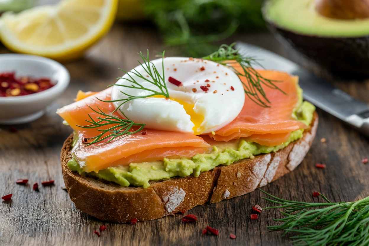 Avocado toast topped with smoked salmon, poached egg, and fresh dill on a rustic wooden table.