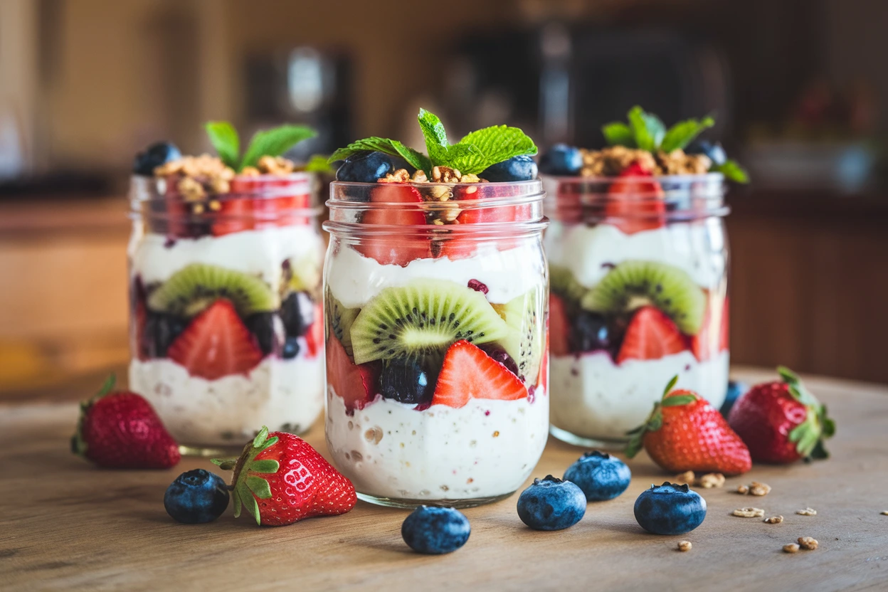 Blended cottage cheese fruit cups in mason jars with strawberries, blueberries, and kiwi, garnished with granola and mint.