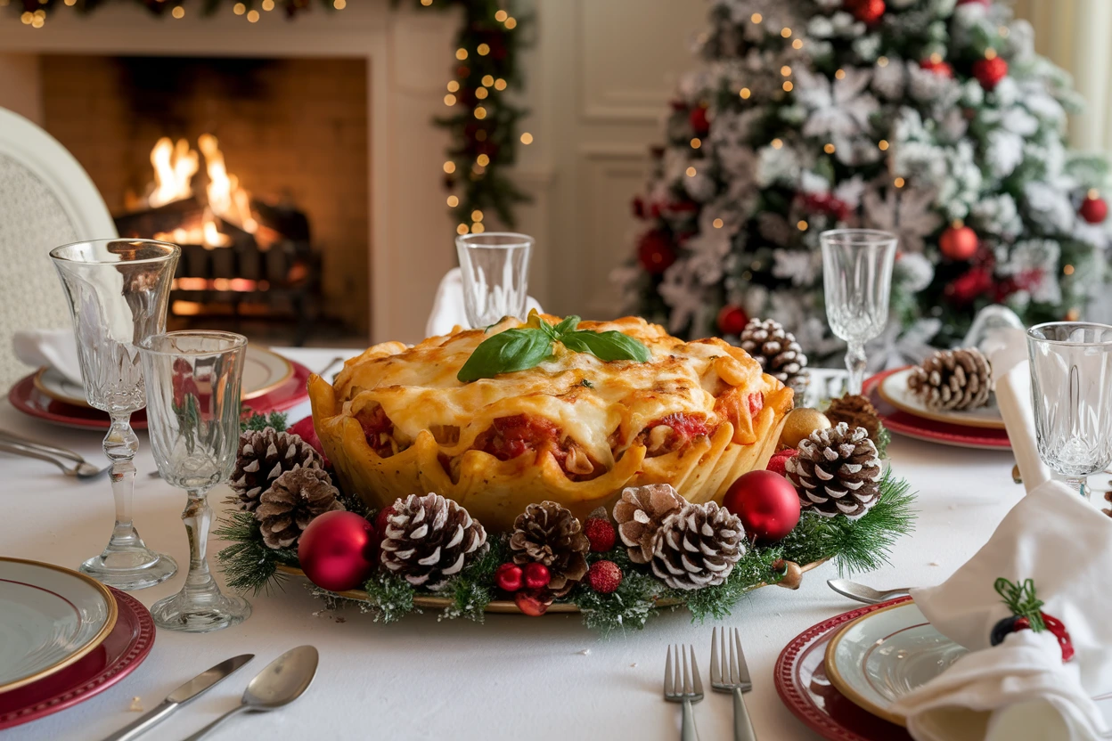 Golden-baked Christmas stuffed pasta as the centerpiece of a festive holiday table.