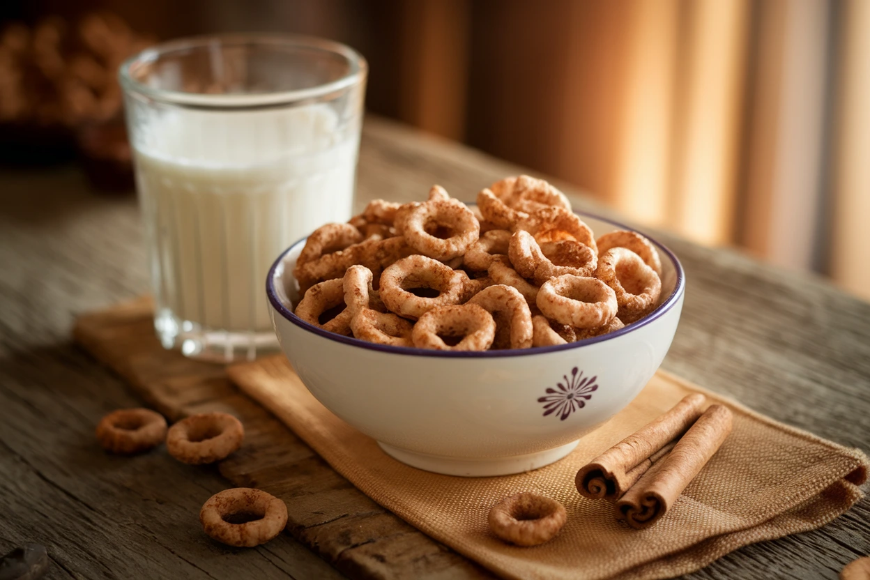 A bowl of cinnamon cereal on a wooden table with a glass of milk and cinnamon sticks.