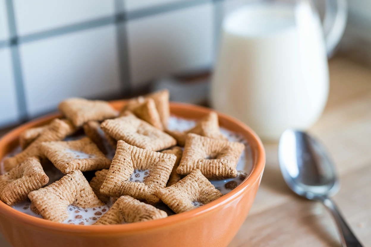 A bowl of Cinnamon Toast Crunch cereal with milk on a kitchen table.