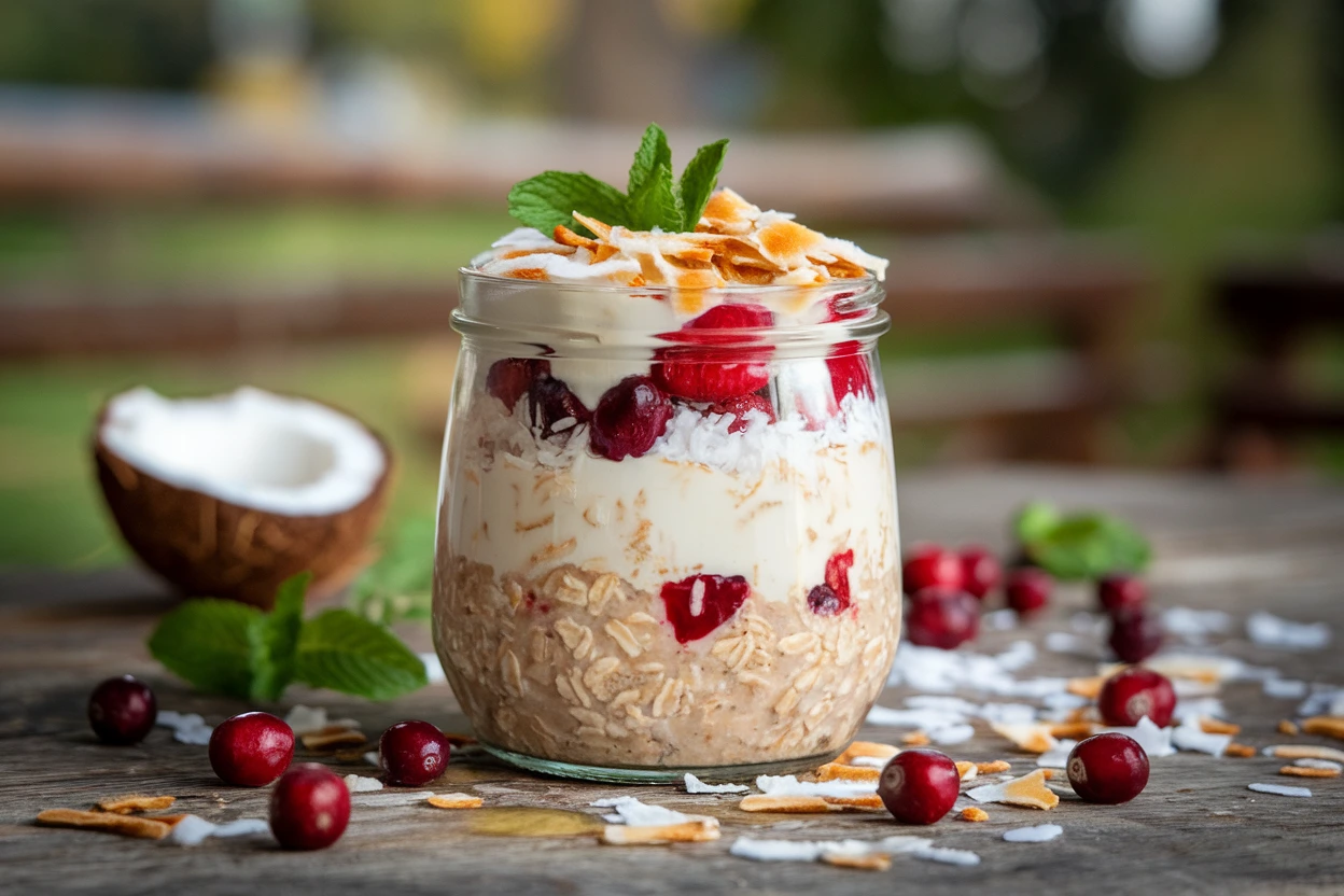 A jar of Coconut Cranberry Overnight Oatmeal topped with shredded coconut, cranberries, and mint.