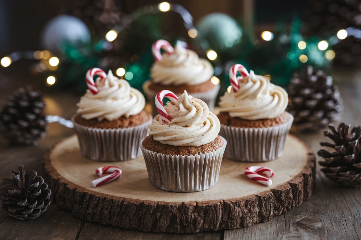 A batch of cozy gingerbread cupcakes with cream cheese frosting and festive garnishes on a rustic wooden table with holiday decorations.