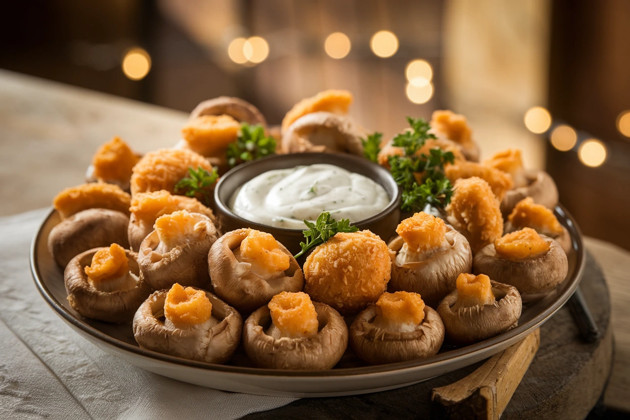 A plate of golden fried mushrooms with creamy ranch dip garnished with parsley.