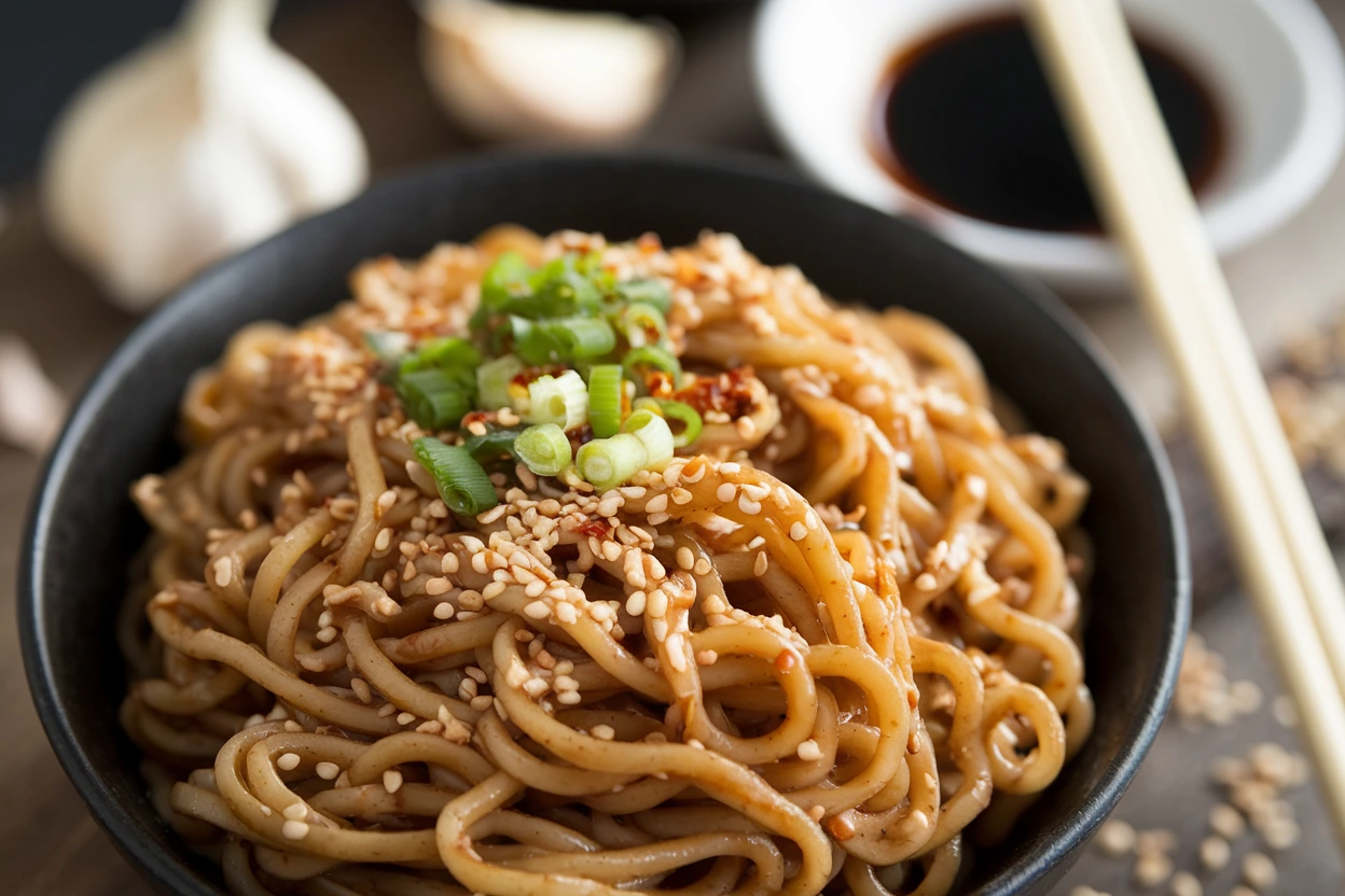 A bowl of garlic sesame noodles garnished with sesame seeds and scallions.