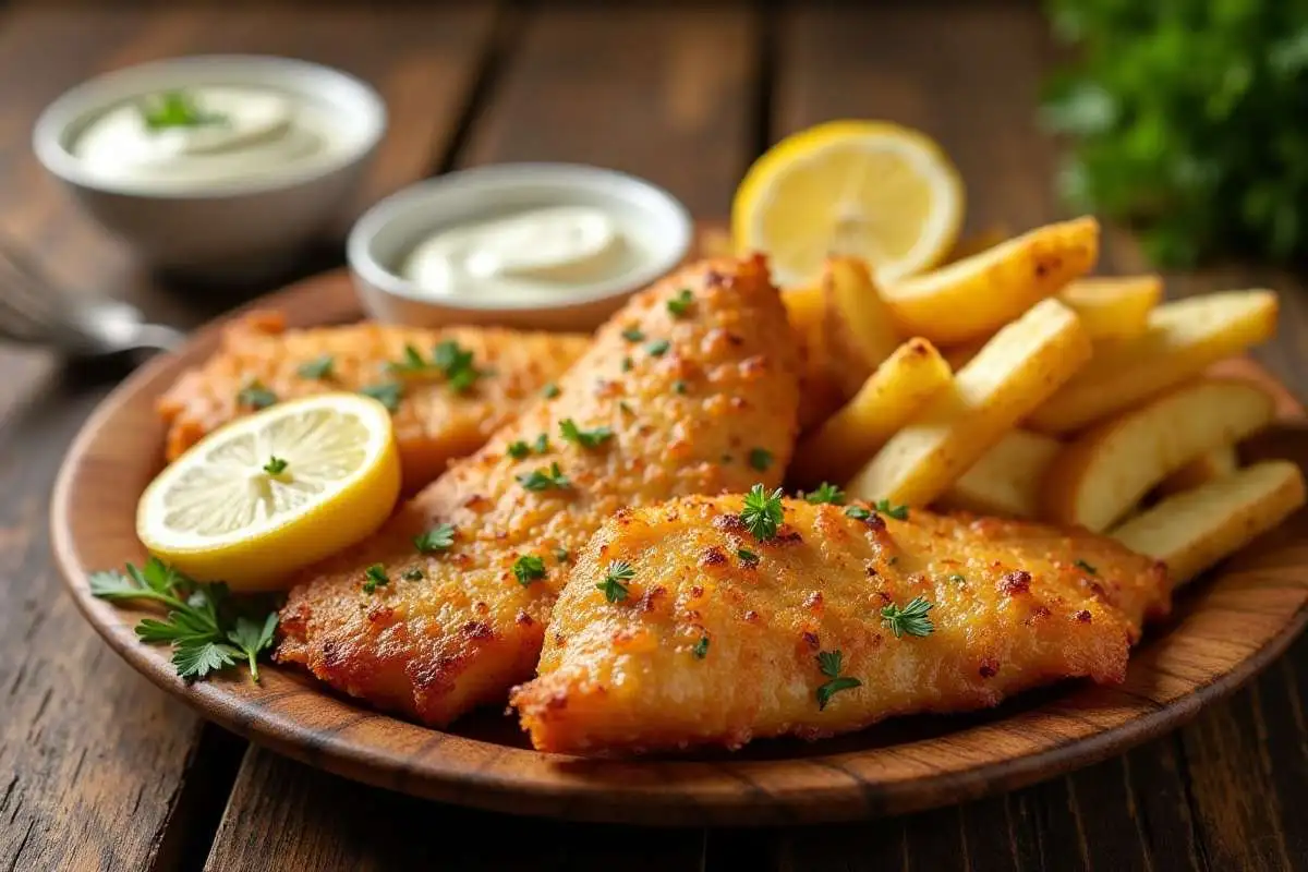 Golden crispy baked fish and chips served with lemon wedges and tartar sauce on a wooden plate.