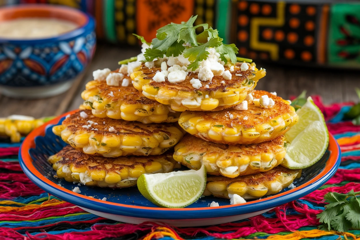 A plate of Mexican street corn fritters topped with cotija cheese and cilantro, served with lime wedges on a wooden table.