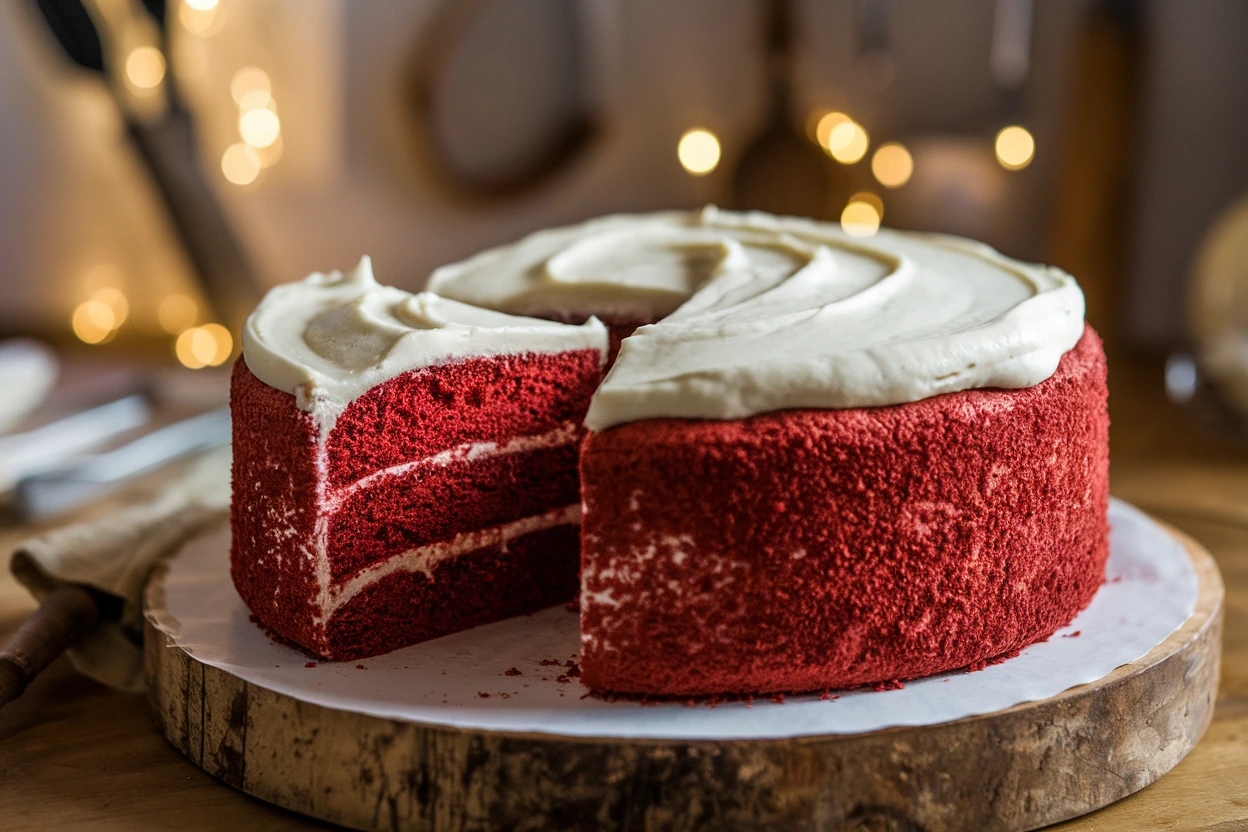 A moist red velvet pound cake sliced to reveal its vibrant red color and topped with cream cheese frosting.